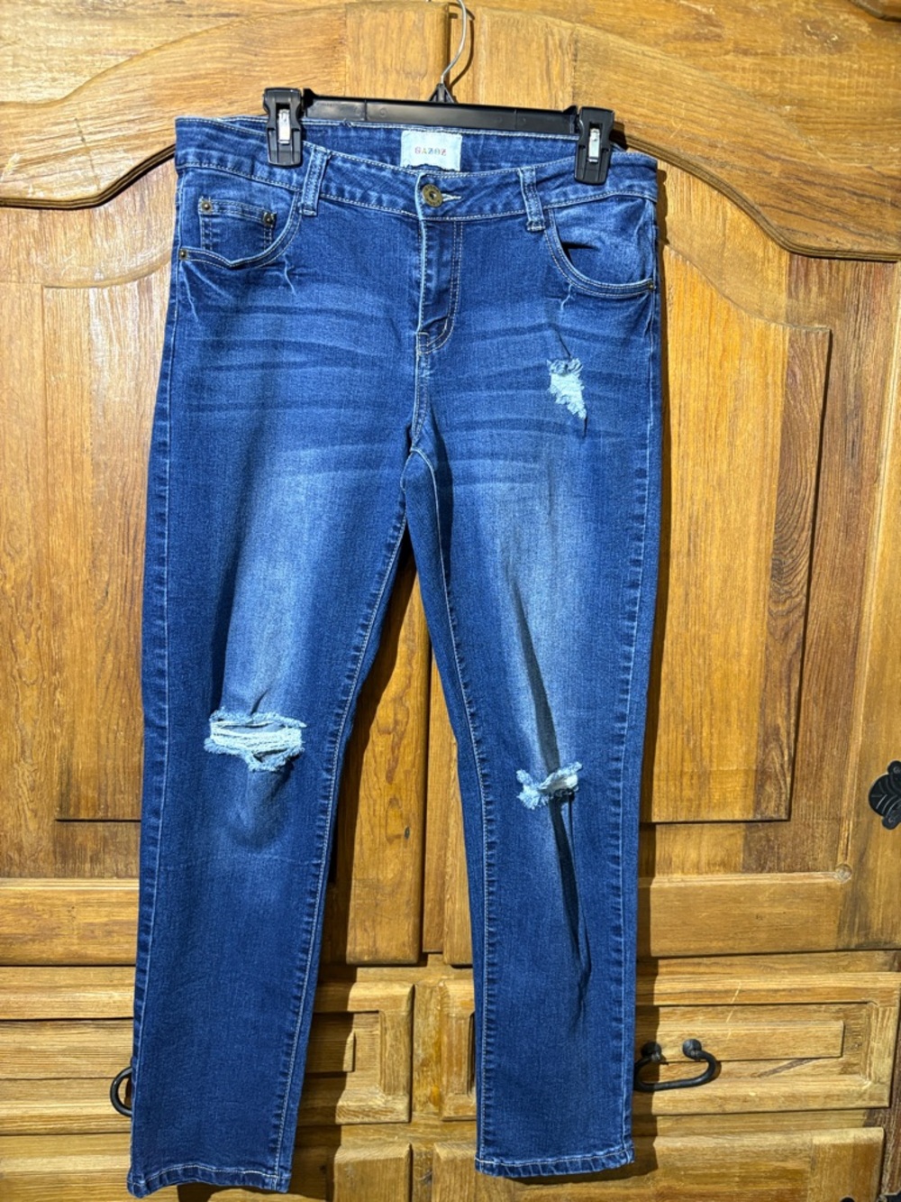 Women's Dark Blue Distressed Skinny Jeans - Stretch Mid-Rise